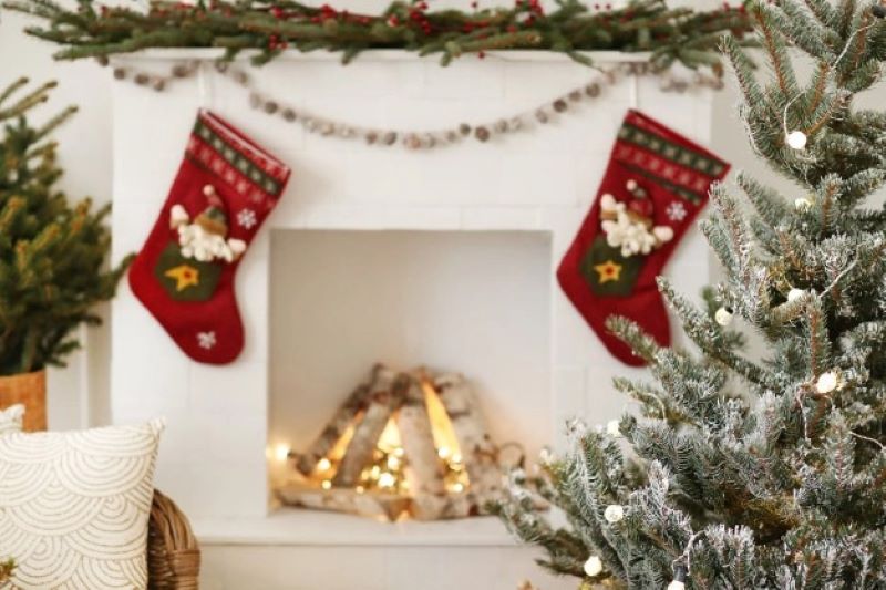 nice fireplace with socks decor